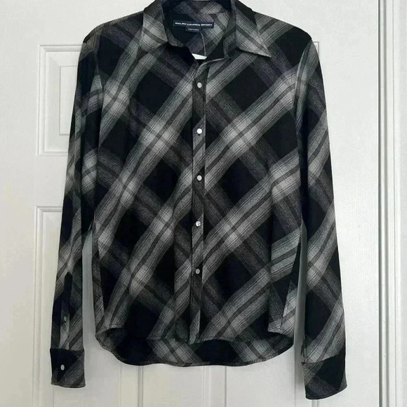 Ralph Lauren Sport Tops - Ralph Lauren Sport Wool Top Women Size 10 Pearl Snap Long Sleeve Black Plaid NWT
